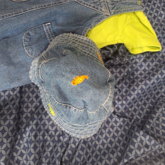 denim overalls and hat with green shirt 6 to 9 months - Picture 5 of 8